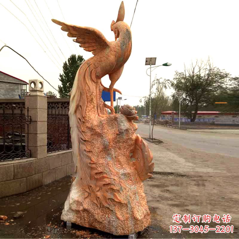 保定晚霞红大理石瑞鸟凤凰雕塑