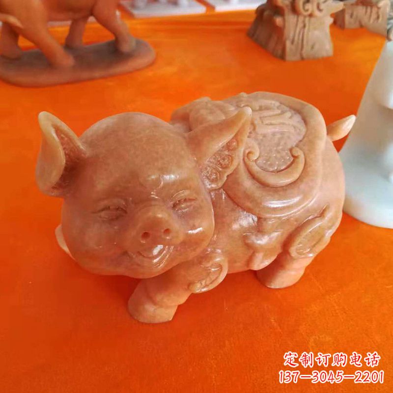 保定晚霞红大理石招财猪雕塑-企业商场创意生肖动物风水摆件