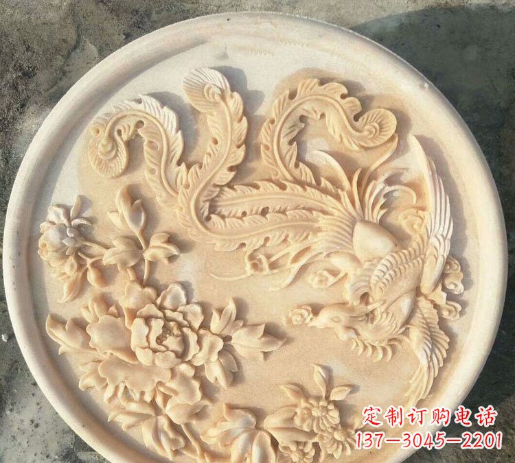 保定晚霞红凤凰牡丹石浮雕