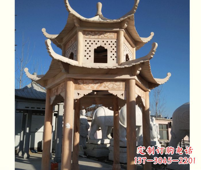 保定晚霞红公园双层六角凉亭石雕 (2)