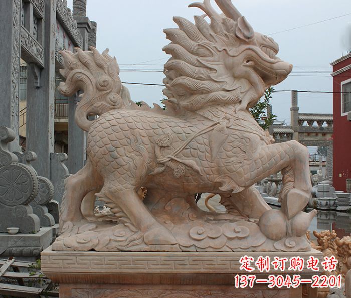 保定晚霞红古代神兽麒麟石雕