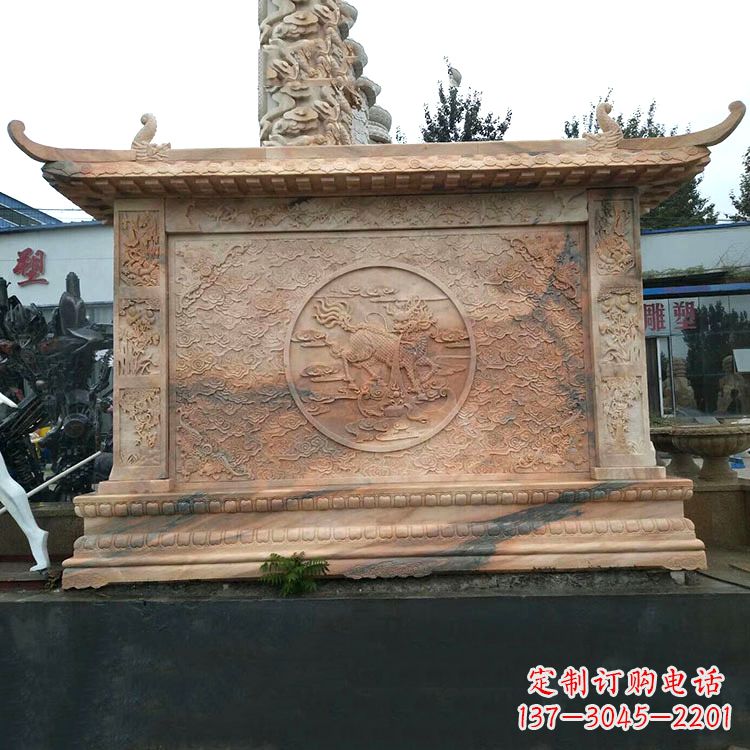 保定晚霞红麒麟影壁墙石雕