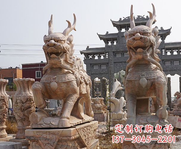 保定晚霞红瑞兽麒麟石雕 (2)