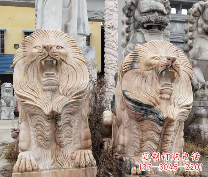 保定晚霞红石雕欧式石狮子