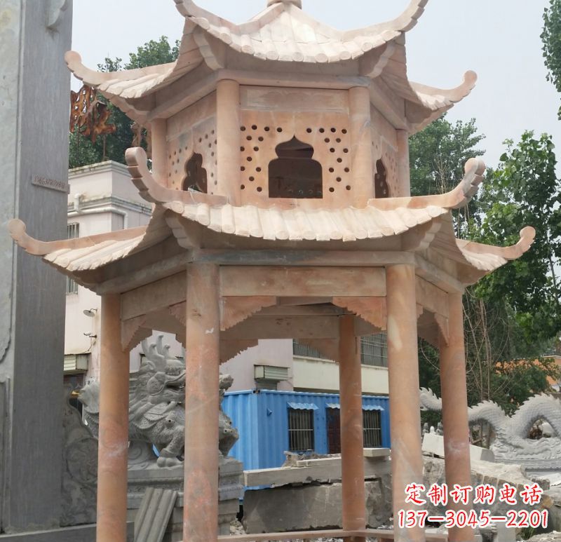 保定晚霞红双层六角凉亭石雕 (2)