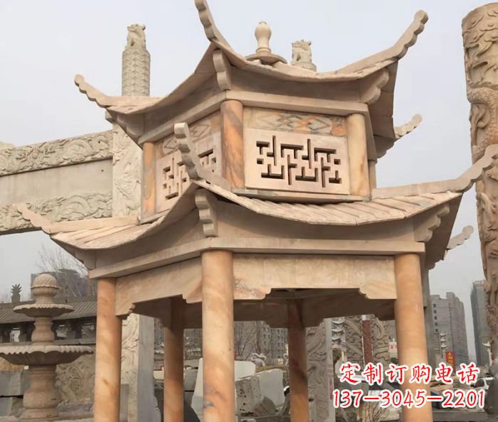 保定晚霞红双层石雕凉亭