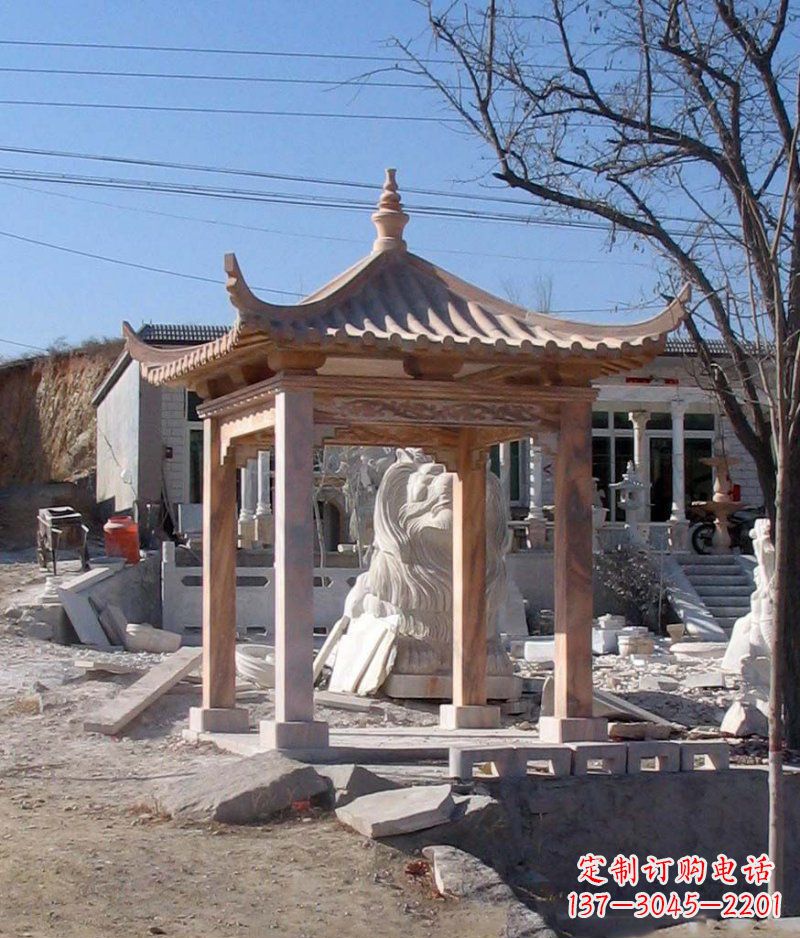 保定晚霞红四角凉亭景观石雕
