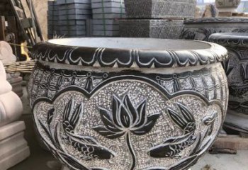 保定青石仿古荷花水缸雕塑