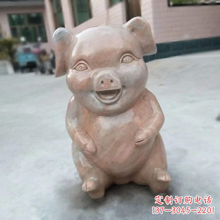 保定喜庆的石雕猪-晚霞红大理石生肖动物雕塑