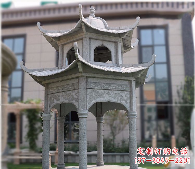 保定小区大理石六角石雕双层凉亭