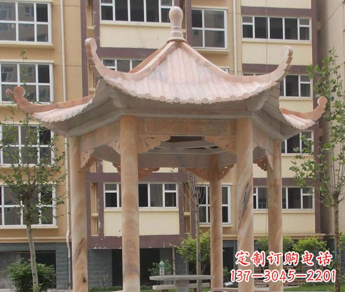 保定小区晚霞红六角凉亭石雕