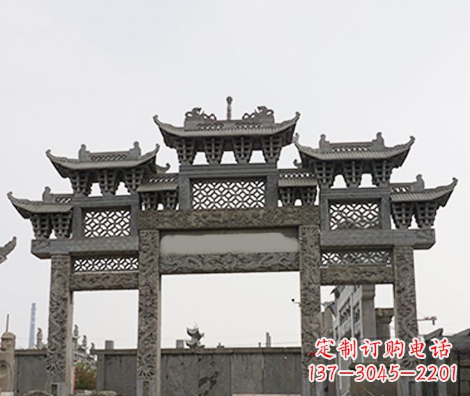 保定园林仿古三门牌坊石雕 (4)