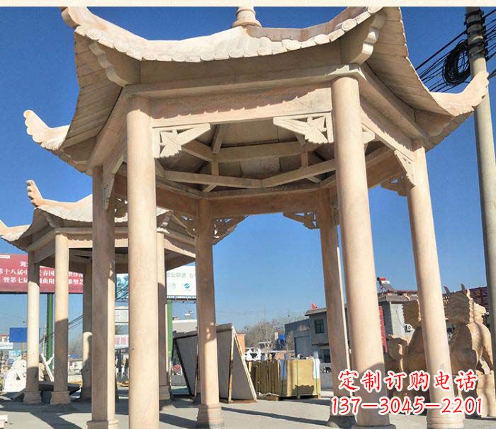 保定园林景观晚霞红六角石雕凉亭 (2)