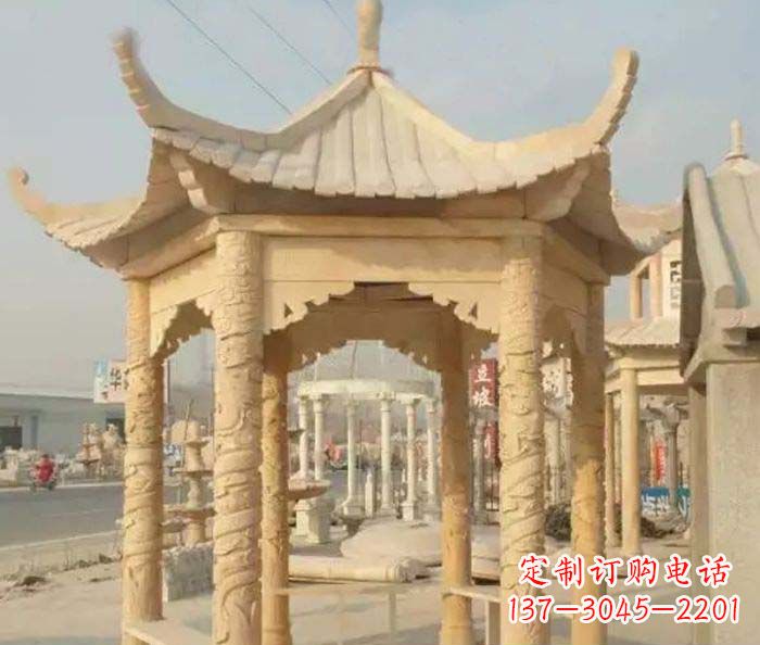 保定园林景观晚霞红六角石雕凉亭 (3)
