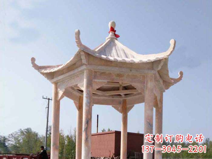 保定园林景观晚霞红六角石雕凉亭