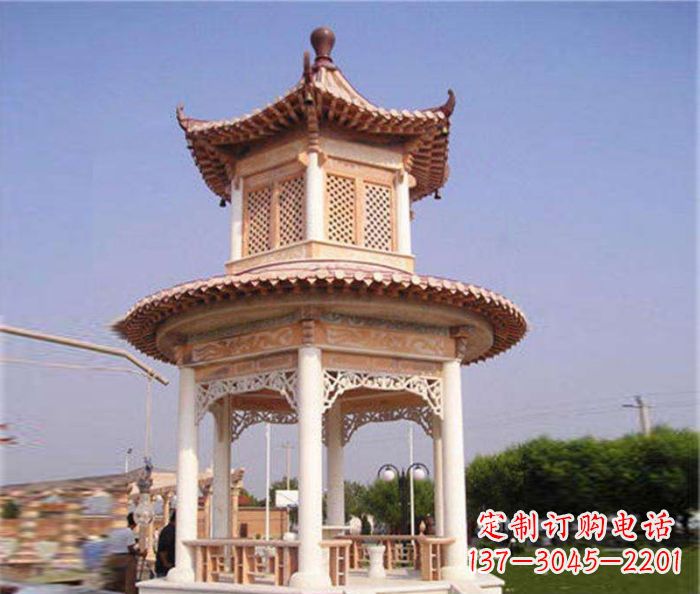 保定园林景观晚霞红双层石雕凉亭 (4)