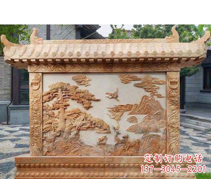 保定园林景观晚霞红松鹤石浮雕影壁