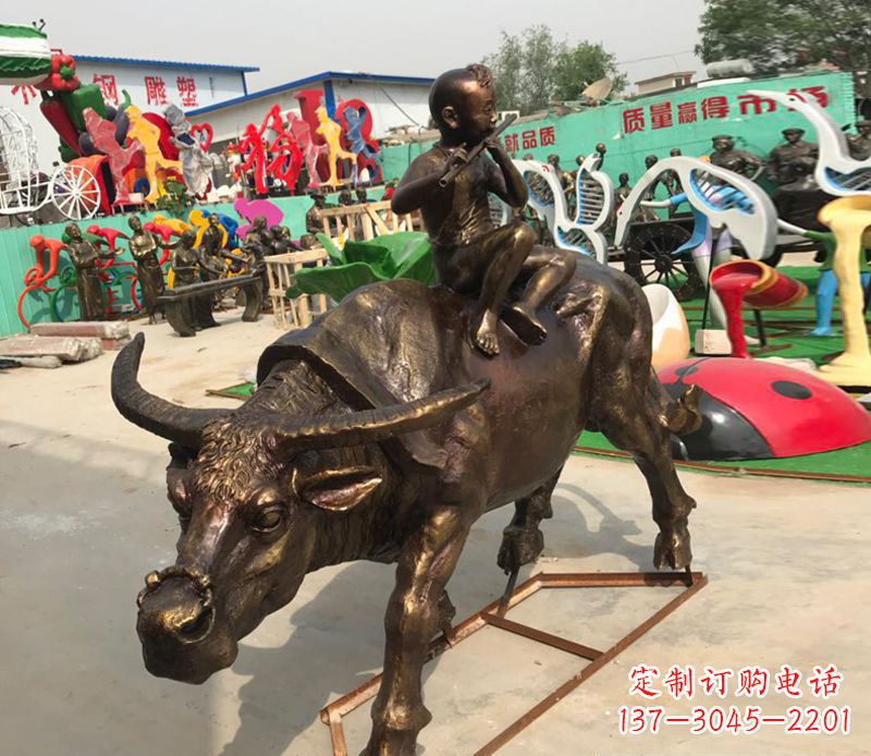保定园林牧童骑牛铜雕塑
