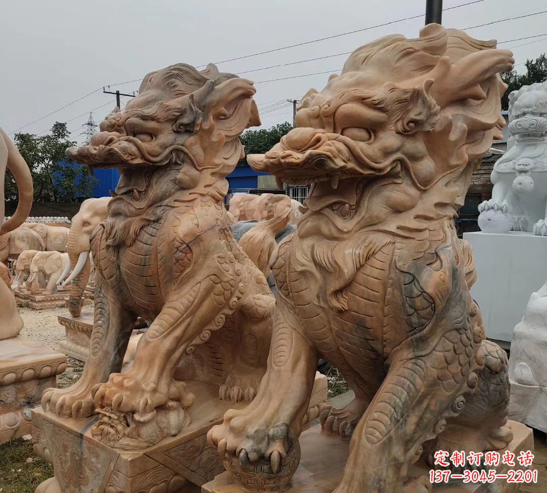 保定园林晚霞红古代招财神兽麒麟石雕