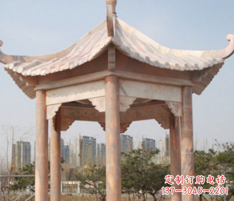 保定园林晚霞红六角石凉亭景观石雕