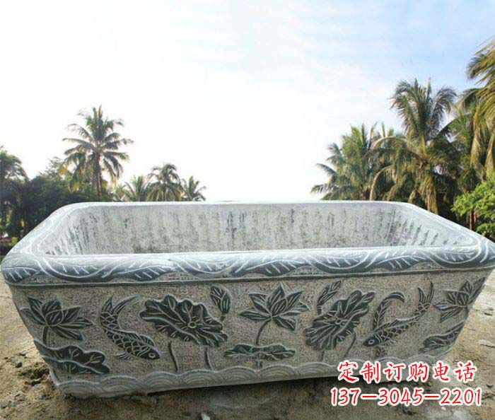 保定长方形连年有余荷花浮雕石水缸