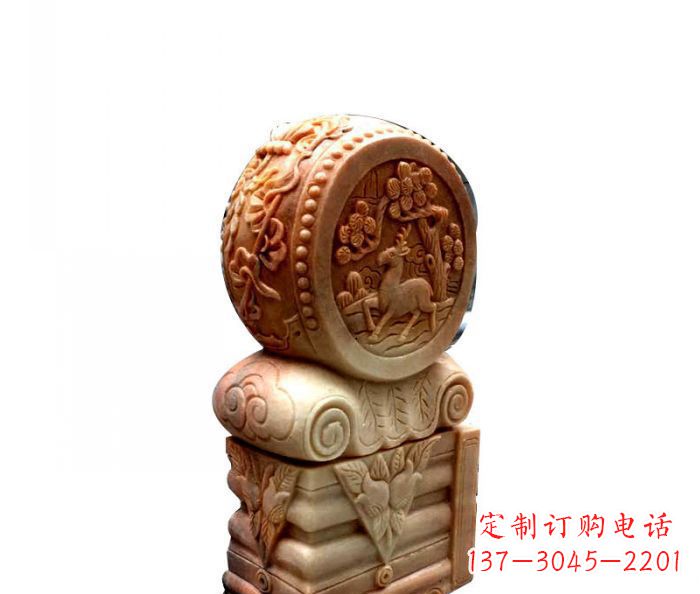 保定招财石门墩晚霞红抱鼓石