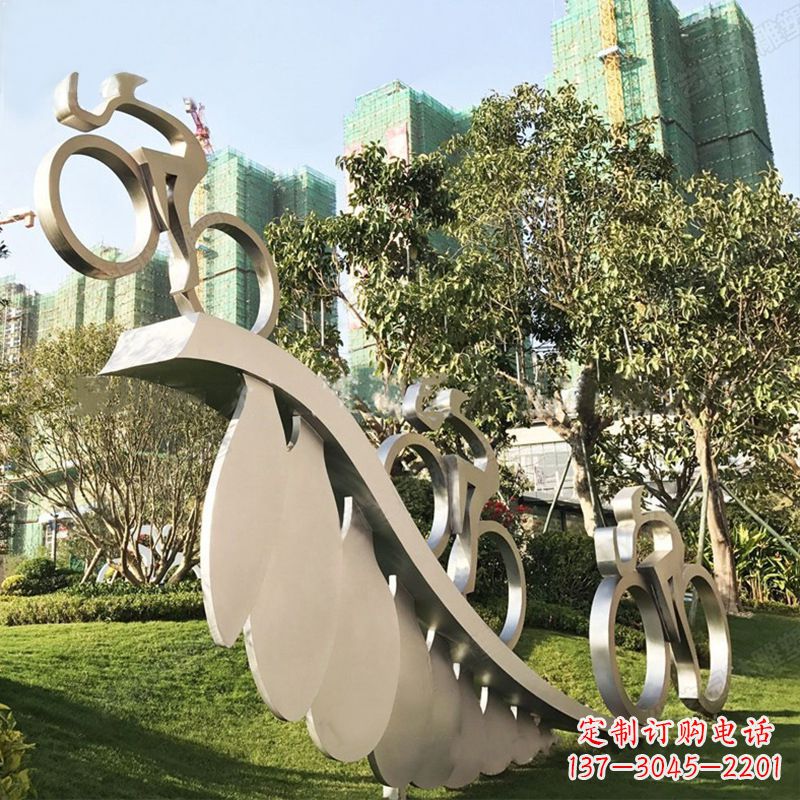 保定自行车雕塑-抽象不锈钢骑自行车人物景观雕塑